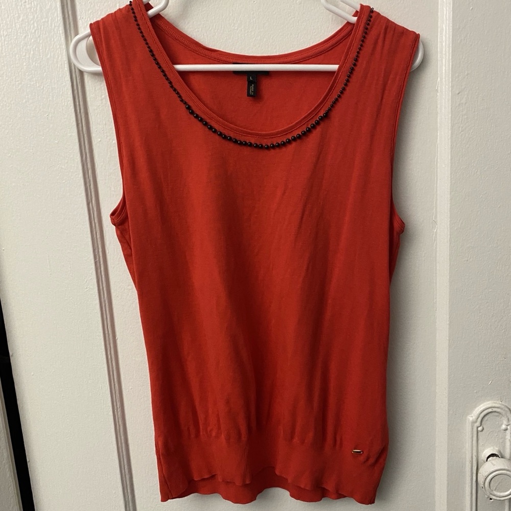 Escada Red Scoop Neck Beaded Sleeveless Tank Blouse Sz L